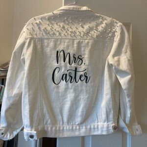 “Mrs.” White Jean Jacket w/ Pearls